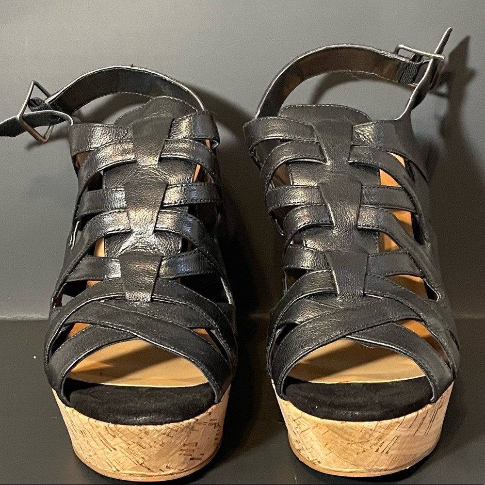 9 west black and cork wedges
